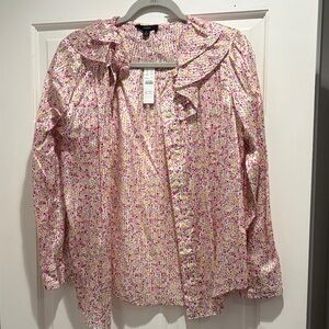 J. Crew White Floral Ruffle Blouse with Pink & Yellow Accents